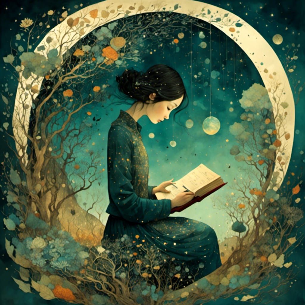 Whimsical Books Under Nebula Sky in Watercolor Style