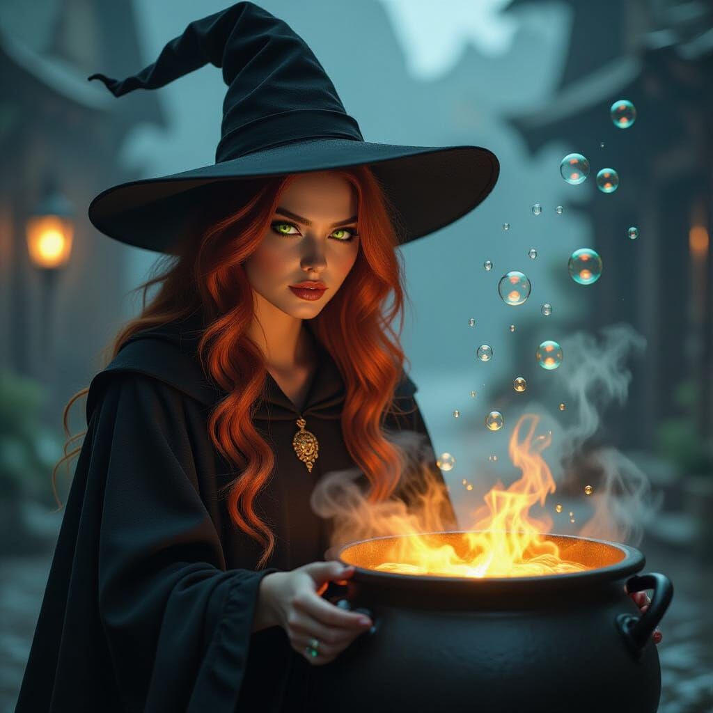 Hyperrealistic Witch with Bubbling Cauldron