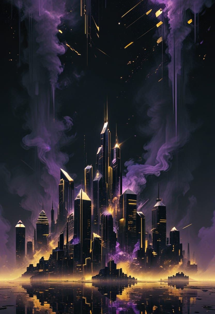 Futuristic Glitch Art City in Purple, Black, and Gold