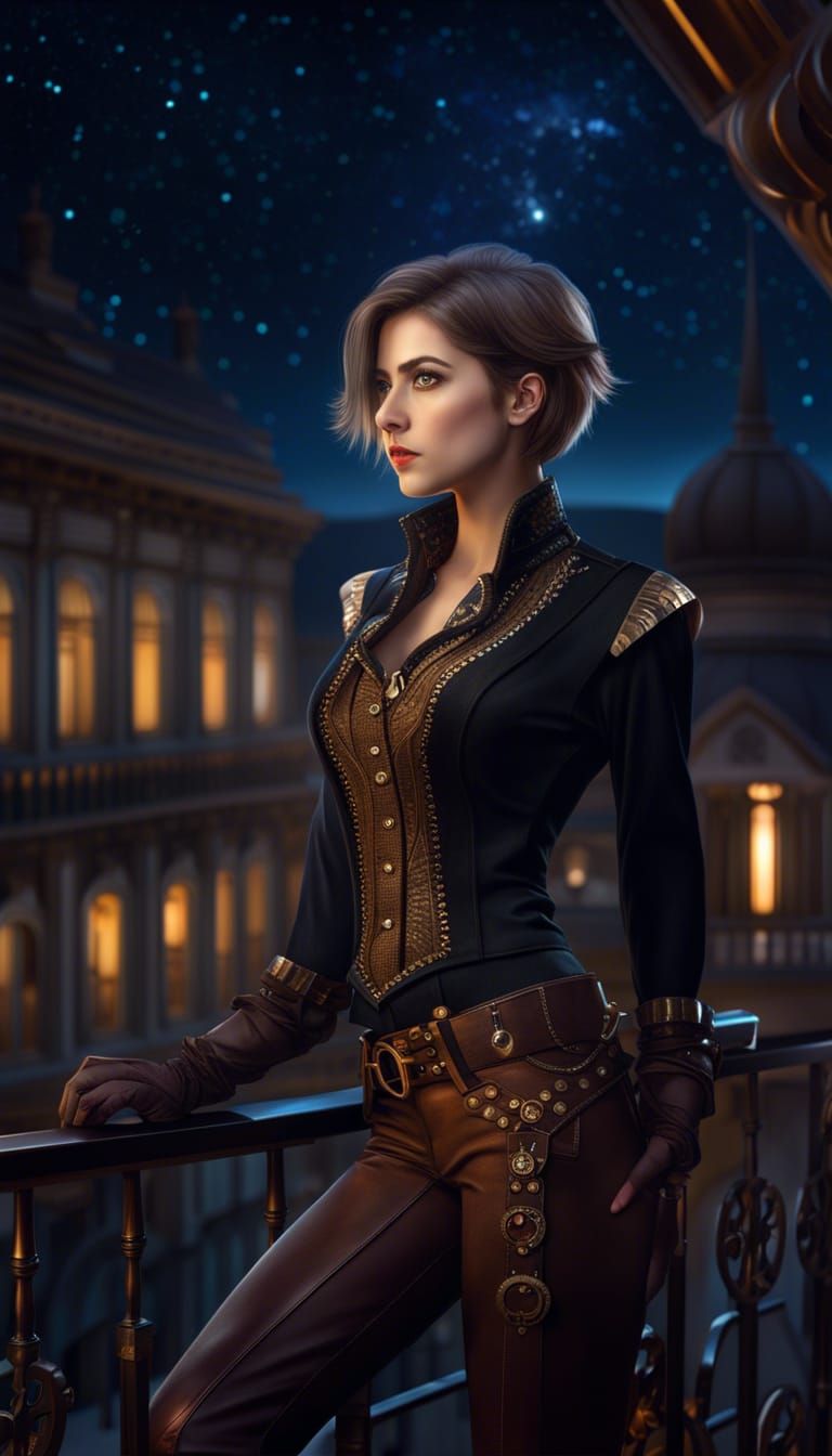 Steampunk Girl Gazing at Starry Night Sky