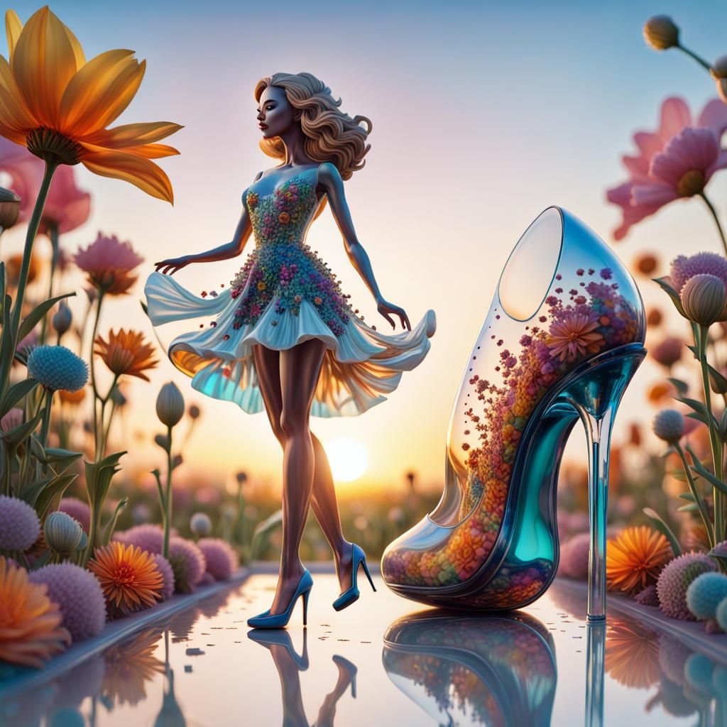 Hyperrealistic Fashionista in Glass Bubble with Flowers