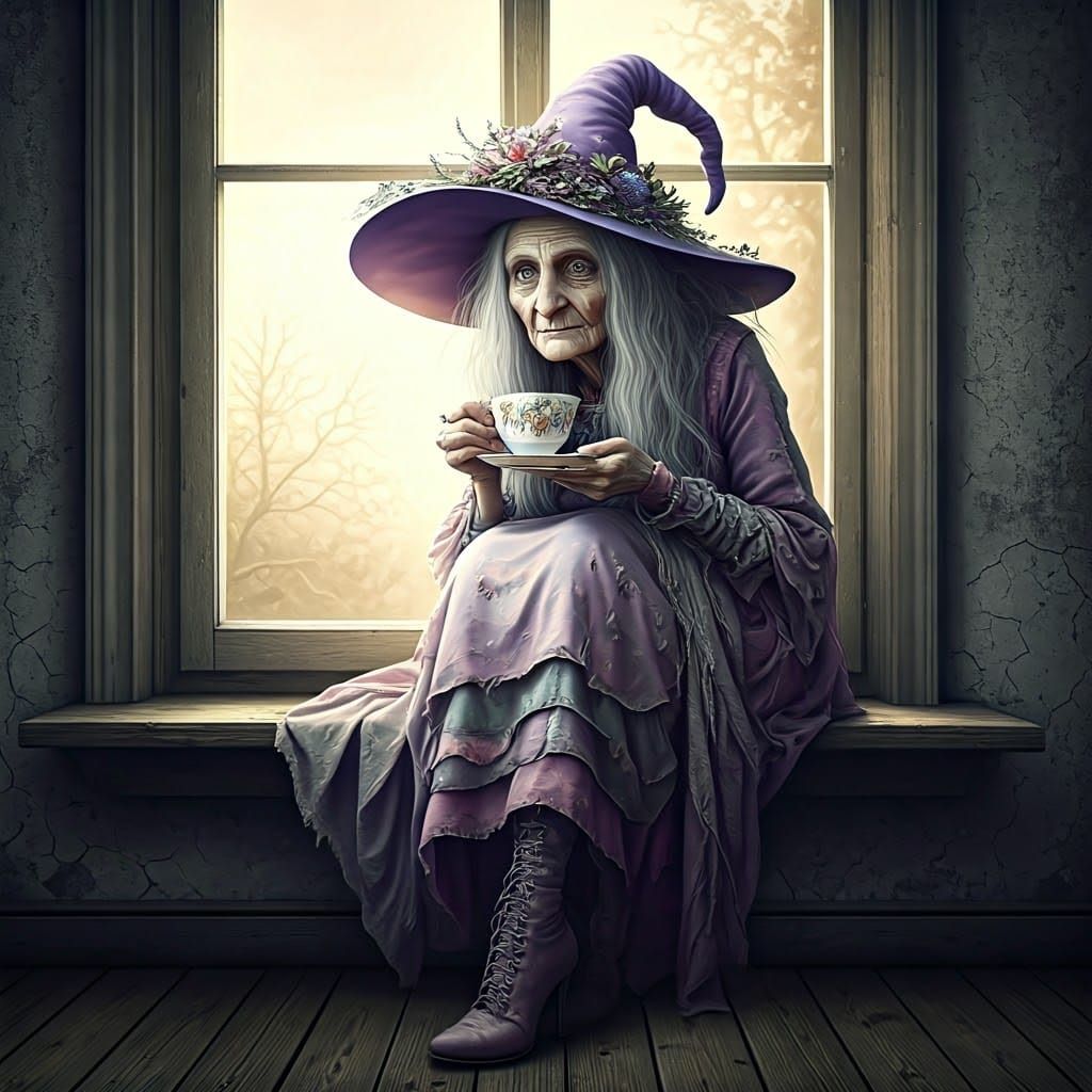Enchanting Old Witch Sipping Tea in Morning Light