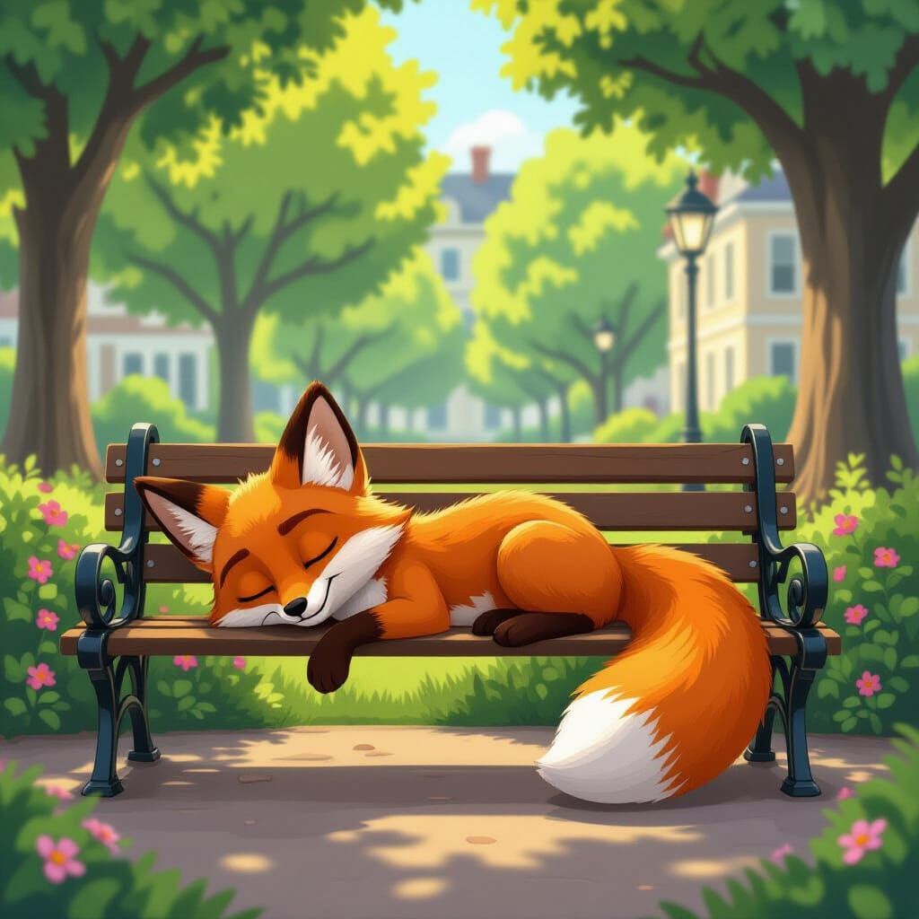Fox Boy Napping on Park Bench, Pixar Style