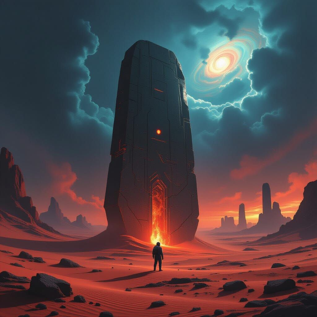 Astronaut Encounters Colossal Alien Artifact on Crimson Plan...