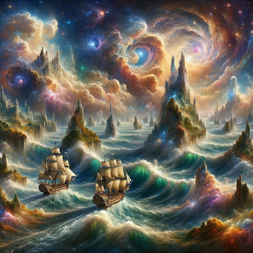 Steampunk Galleon Navigates Cosmic Starlight Ocean