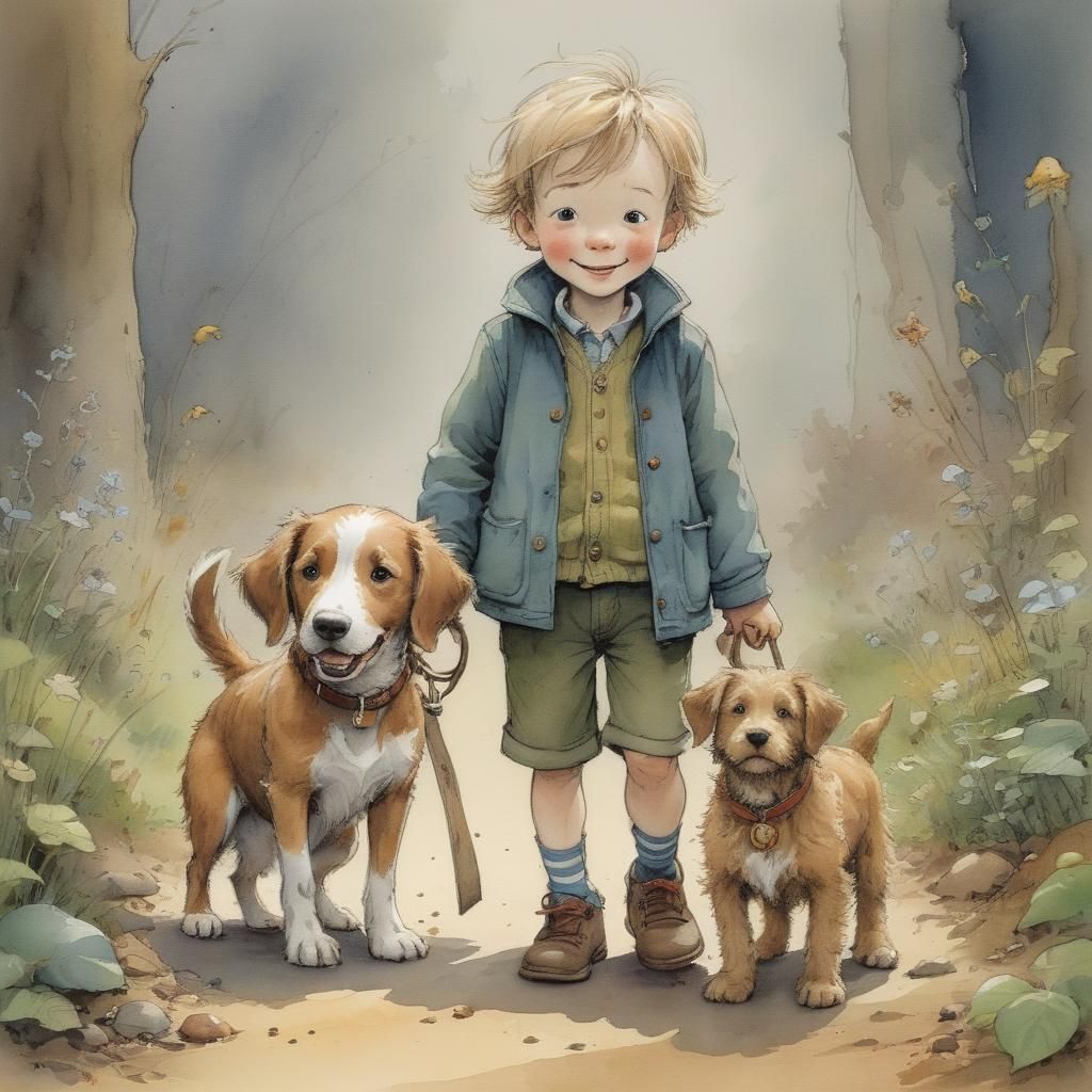 Toddler and Dog in Children's Book Illustration Style