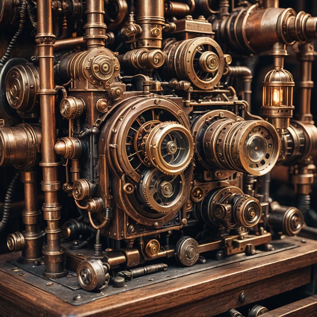 Steampunk Engine with Abandoned Smartphone Close-Up