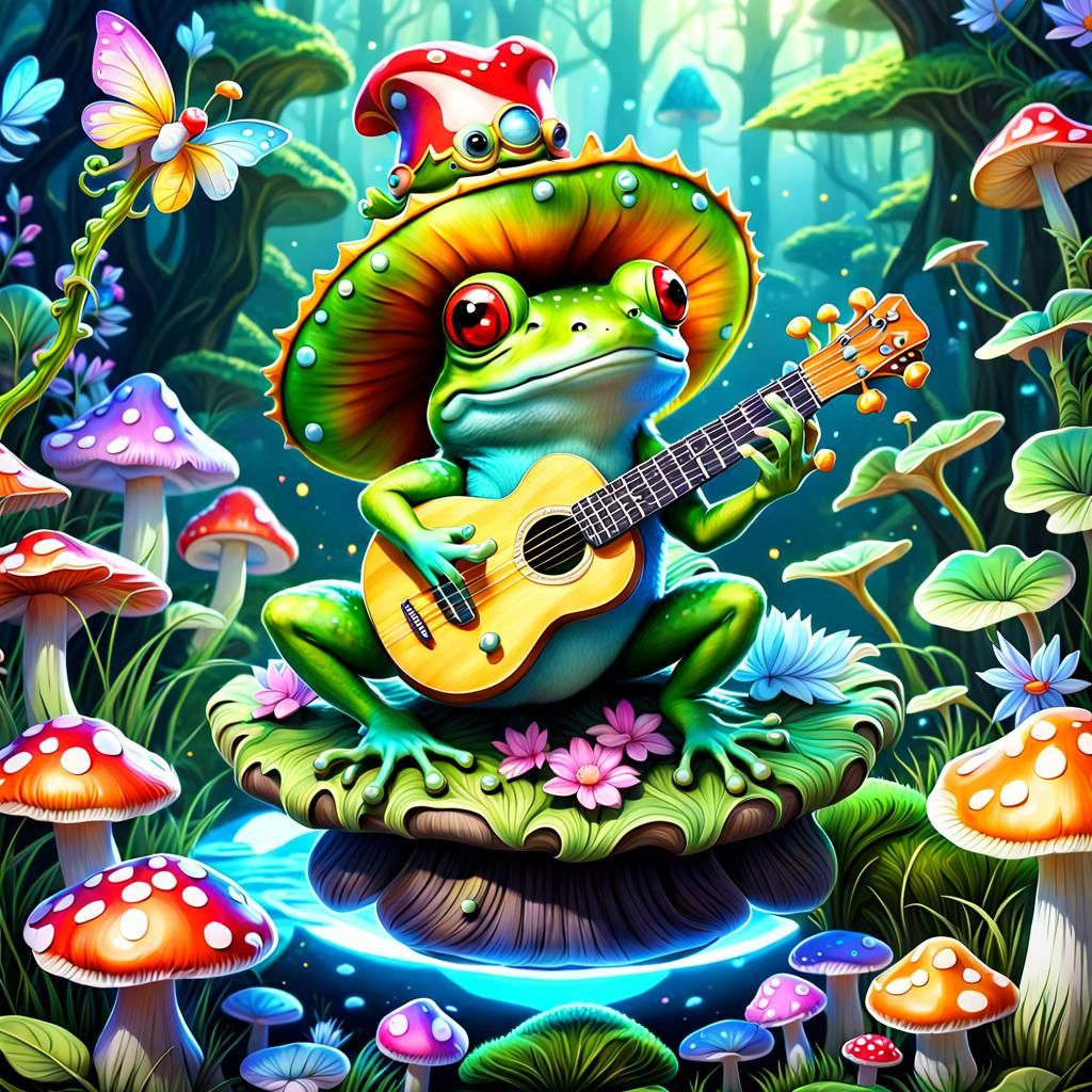 Chibi Frog Guitarist in Magical Forest