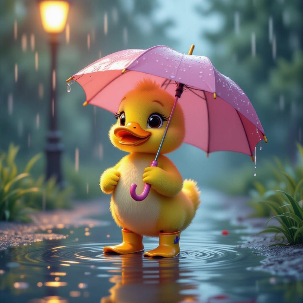 Cute Duck Toy in Rain with Umbrella