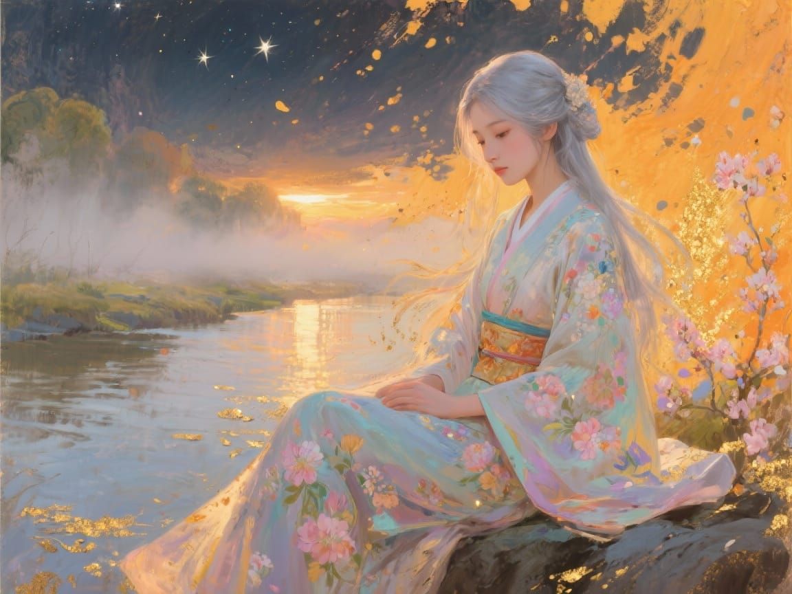 Ethereal Asian Woman in Kimono: Oil Painting