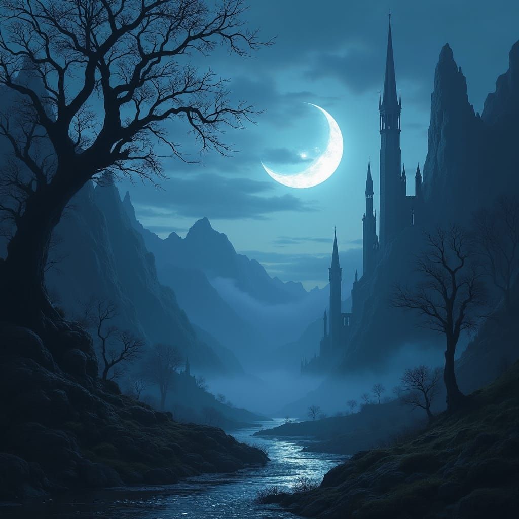 Dark Fantasy Dusk Landscape with Crescent Moon