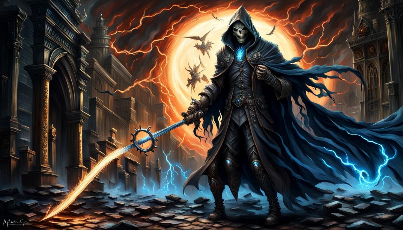 Steampunk Hunter Attacked by Robot Grim Reaper