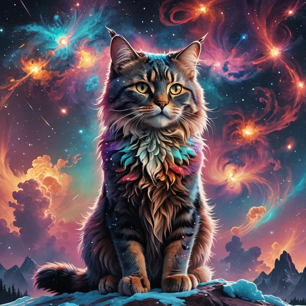 Majestic Galaxy Cat in Space Fantasy Style