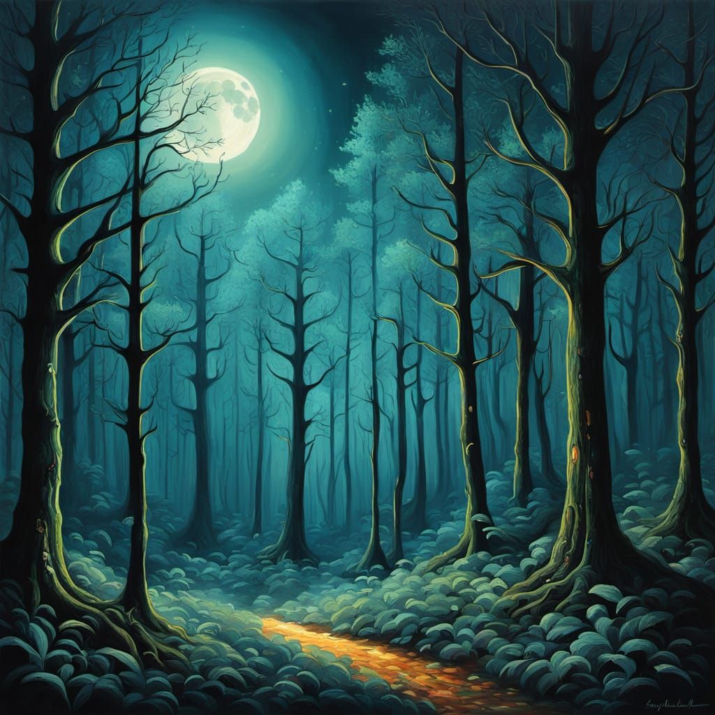Luminous Abstract Symbolist Forest at Night