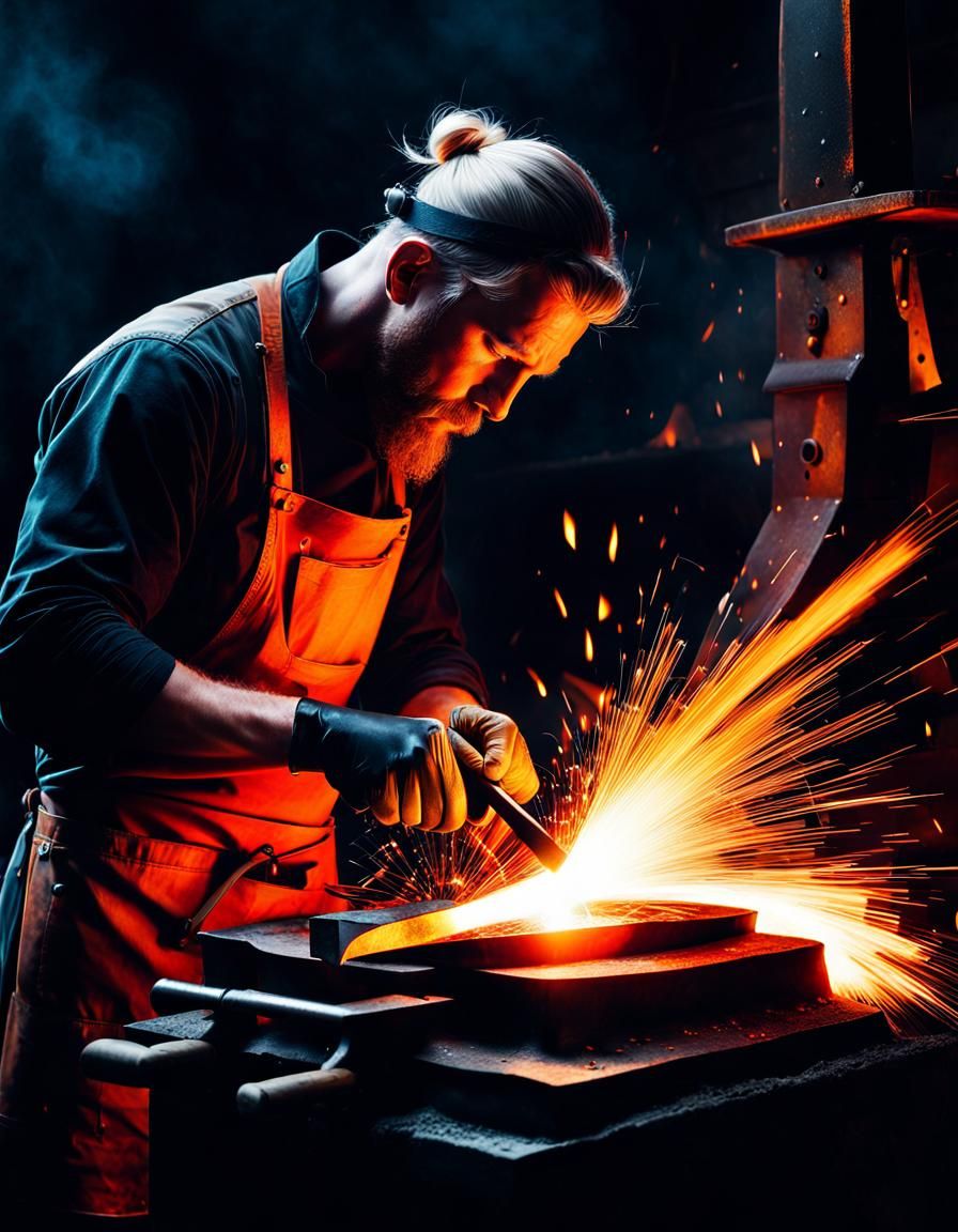 Double Exposure Blacksmith with Flames and Sparks
