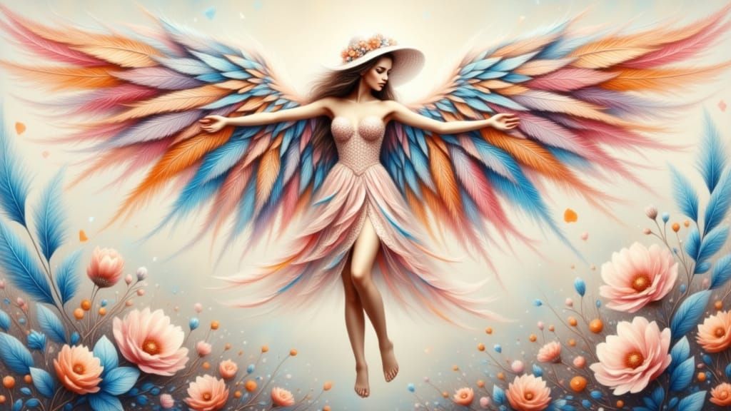 Fashionable Angel with Pastel Wings in Neo-Shock Art