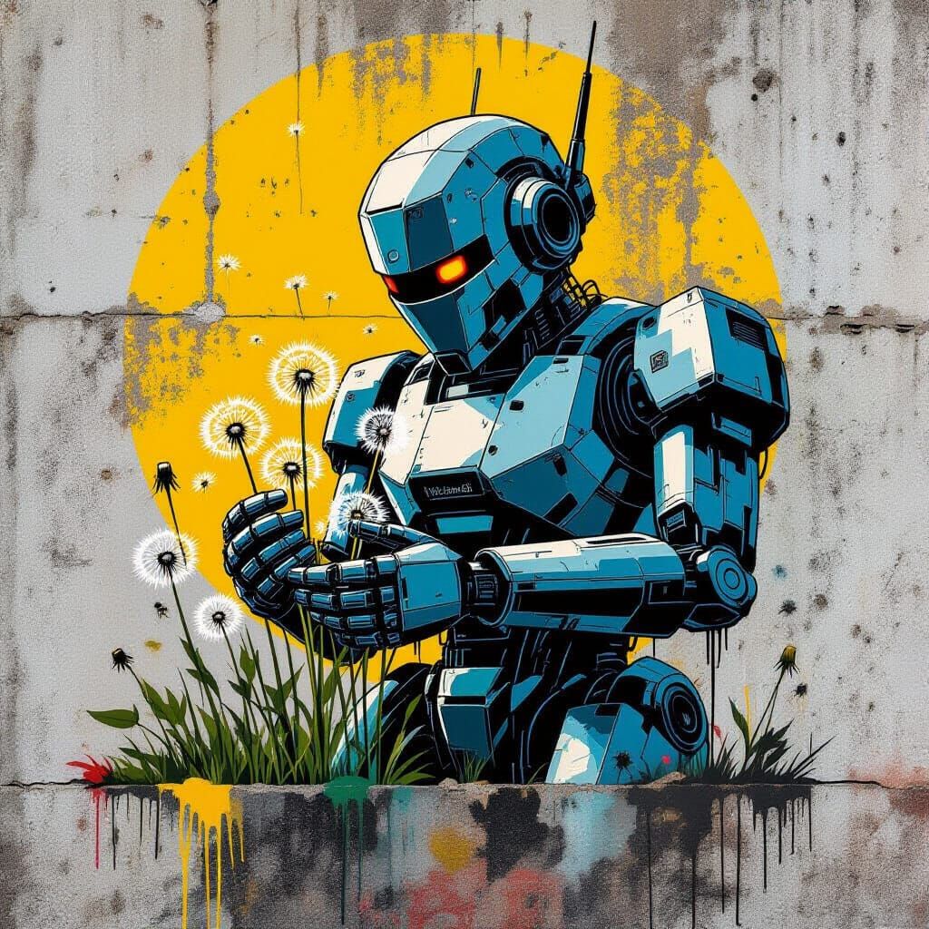 Robot Cradling Dandelions in Street Art Style