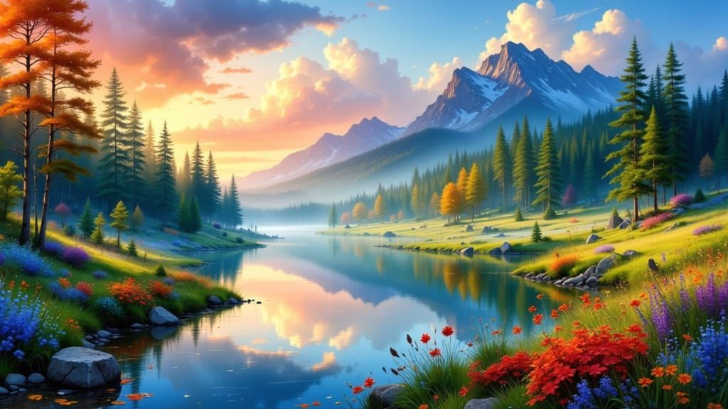 Joyful Serene Landscape with Lush Forest