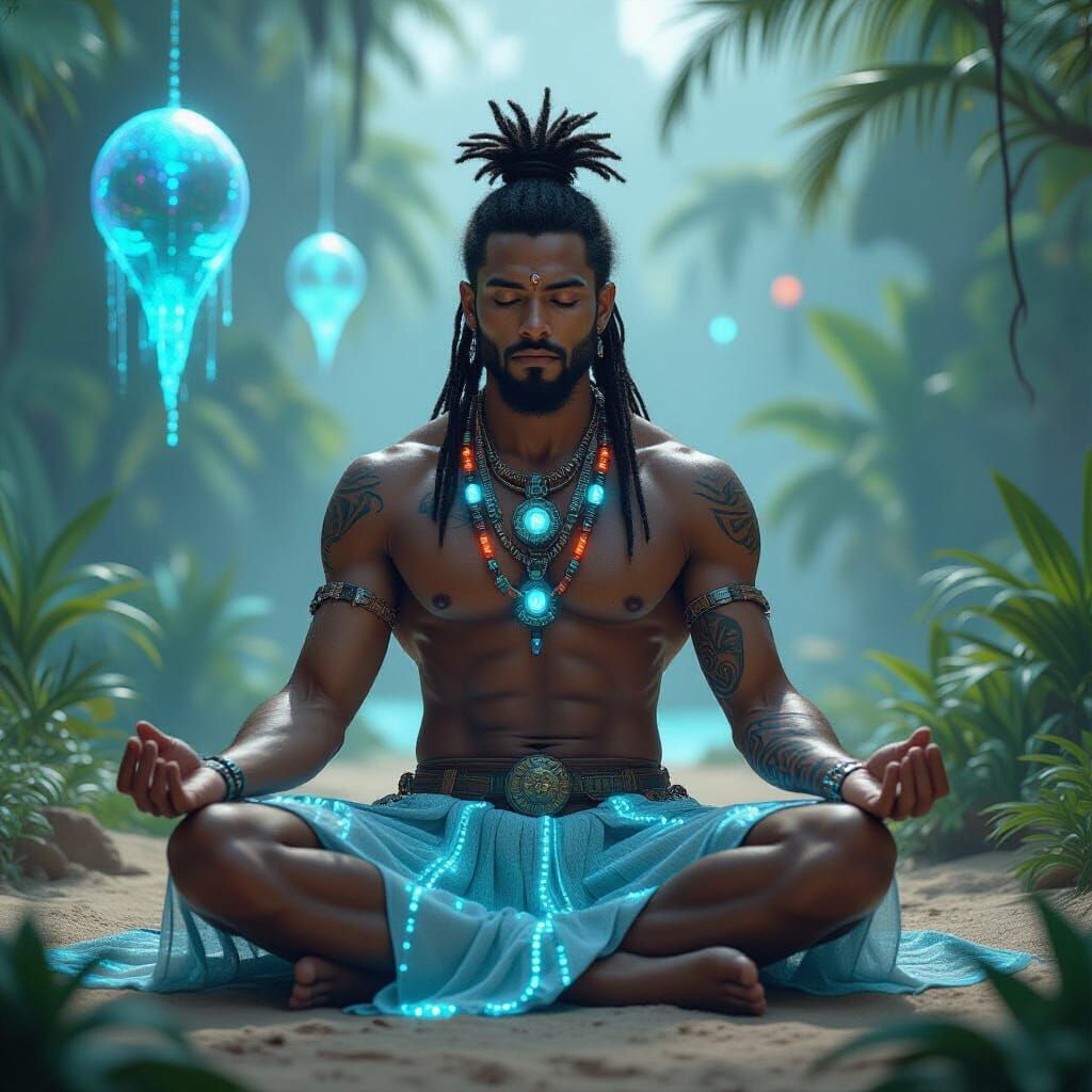 Meditating Man in Futuristic Bioluminescent Savanna