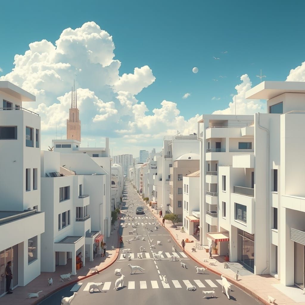 Sleek Futuristic Metropolis with White Cats at Play