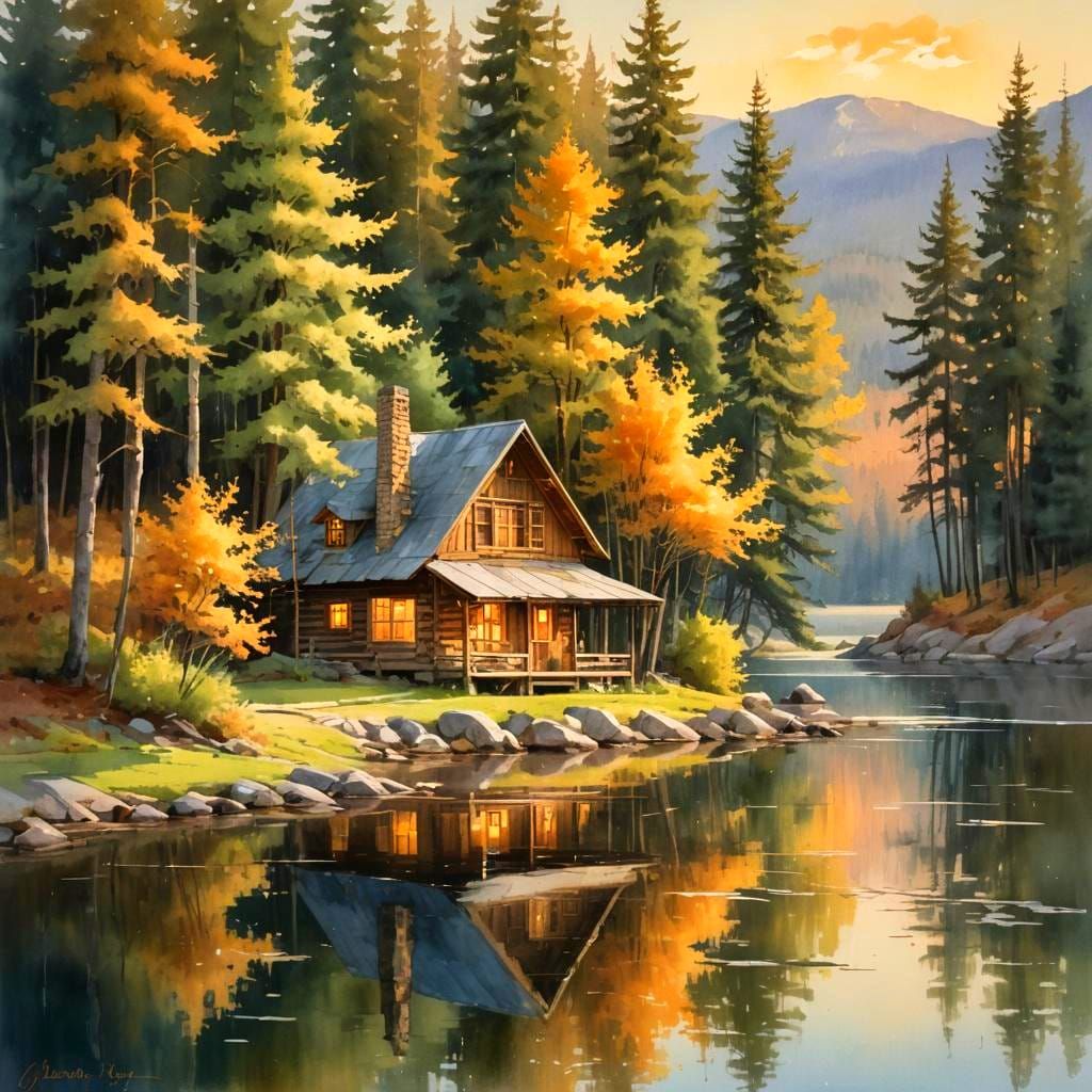 Cabin by Lake at Sunset in Watercolor Style