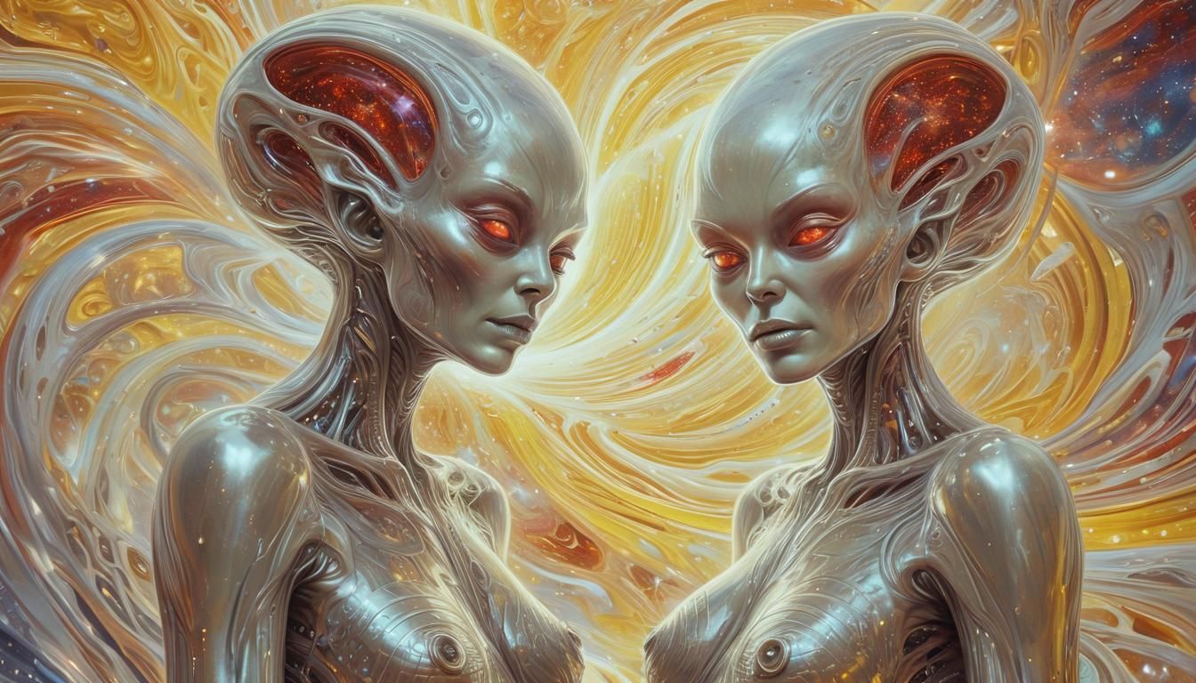 Two Alien Women in Cosmic Energy, Psychedelic Art