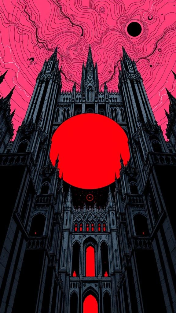 Lovecraftian Cityscape in Minimalist Line and Dot Art