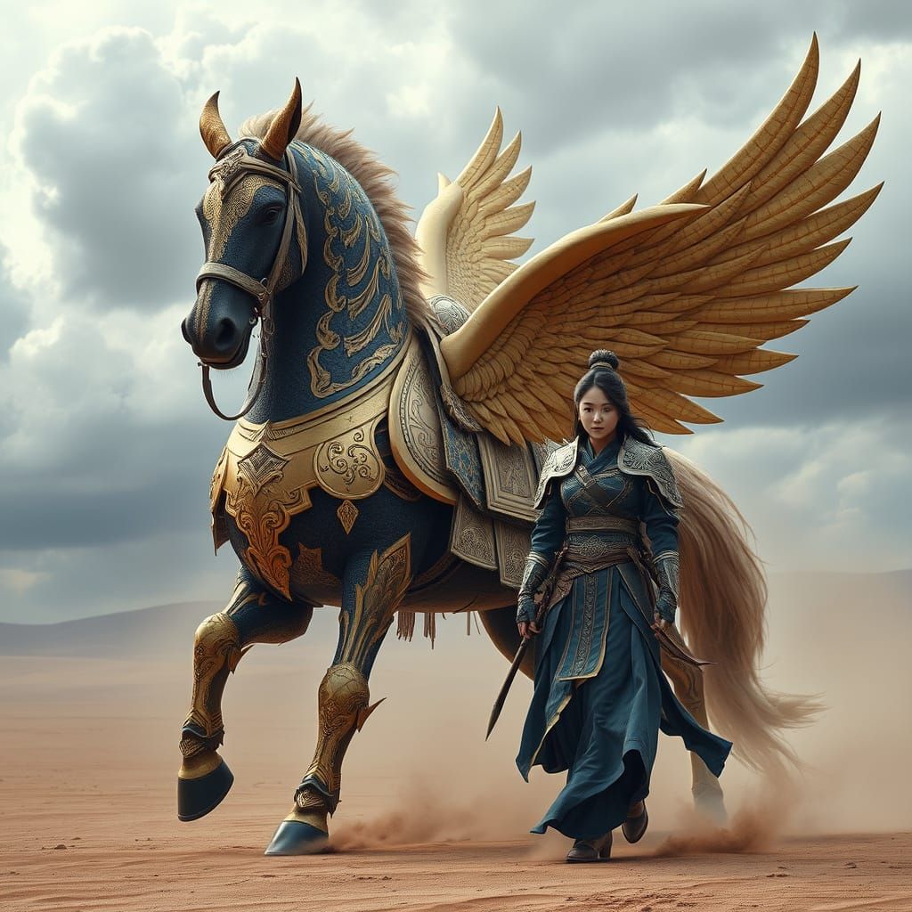 Epic Fantasy Warhorse and General in Majestic Battle Armor