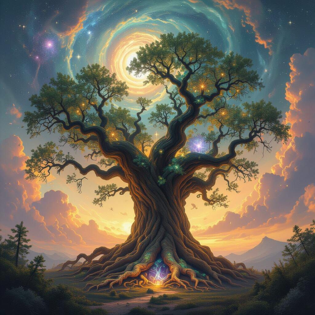 Ancient Cosmic Tree Reaching Galaxies in Epic Fantasy Style