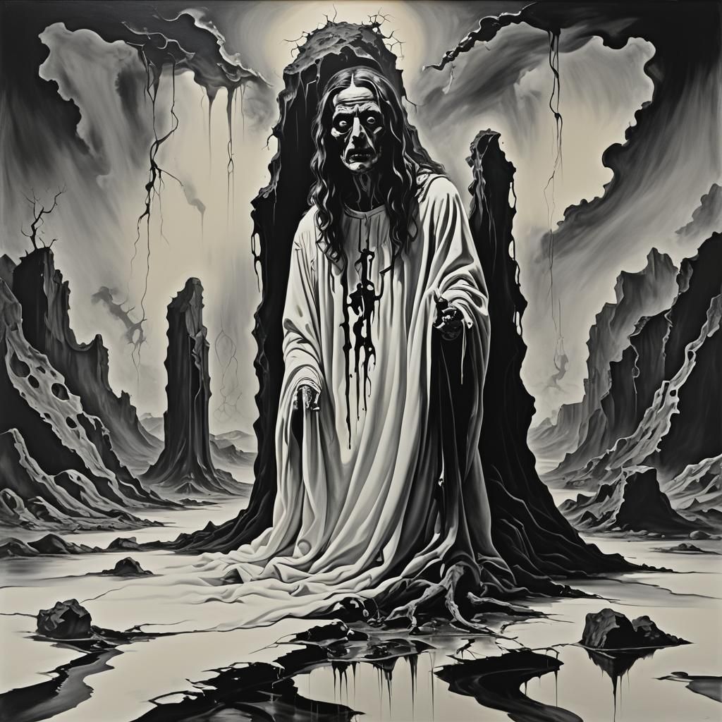 Surreal Horror Scene in Black and White