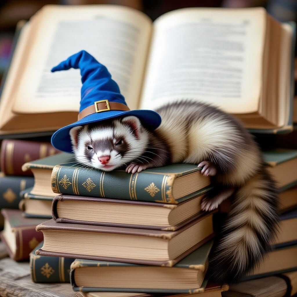 Sleepy Ferret Wizard Naps on Spellbooks