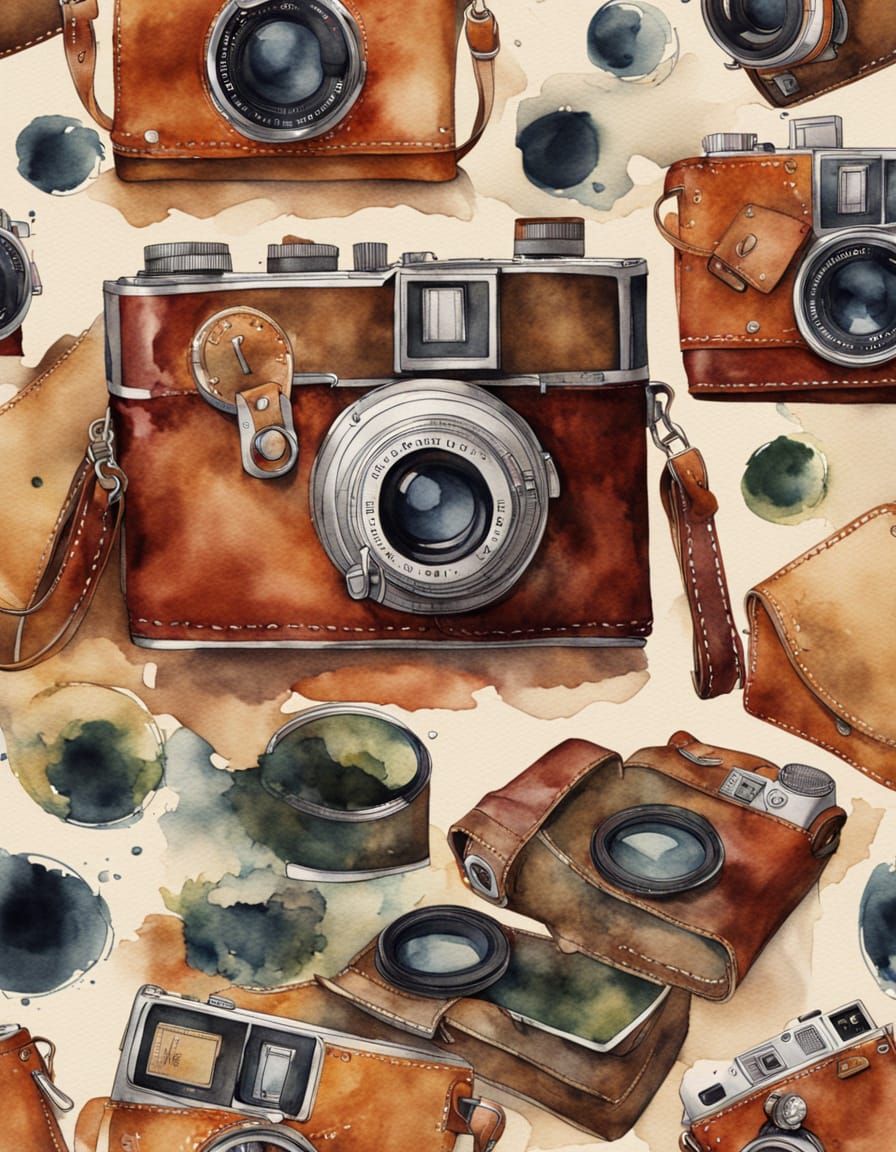Watercolor Vintage Leica Camera and Leather Case