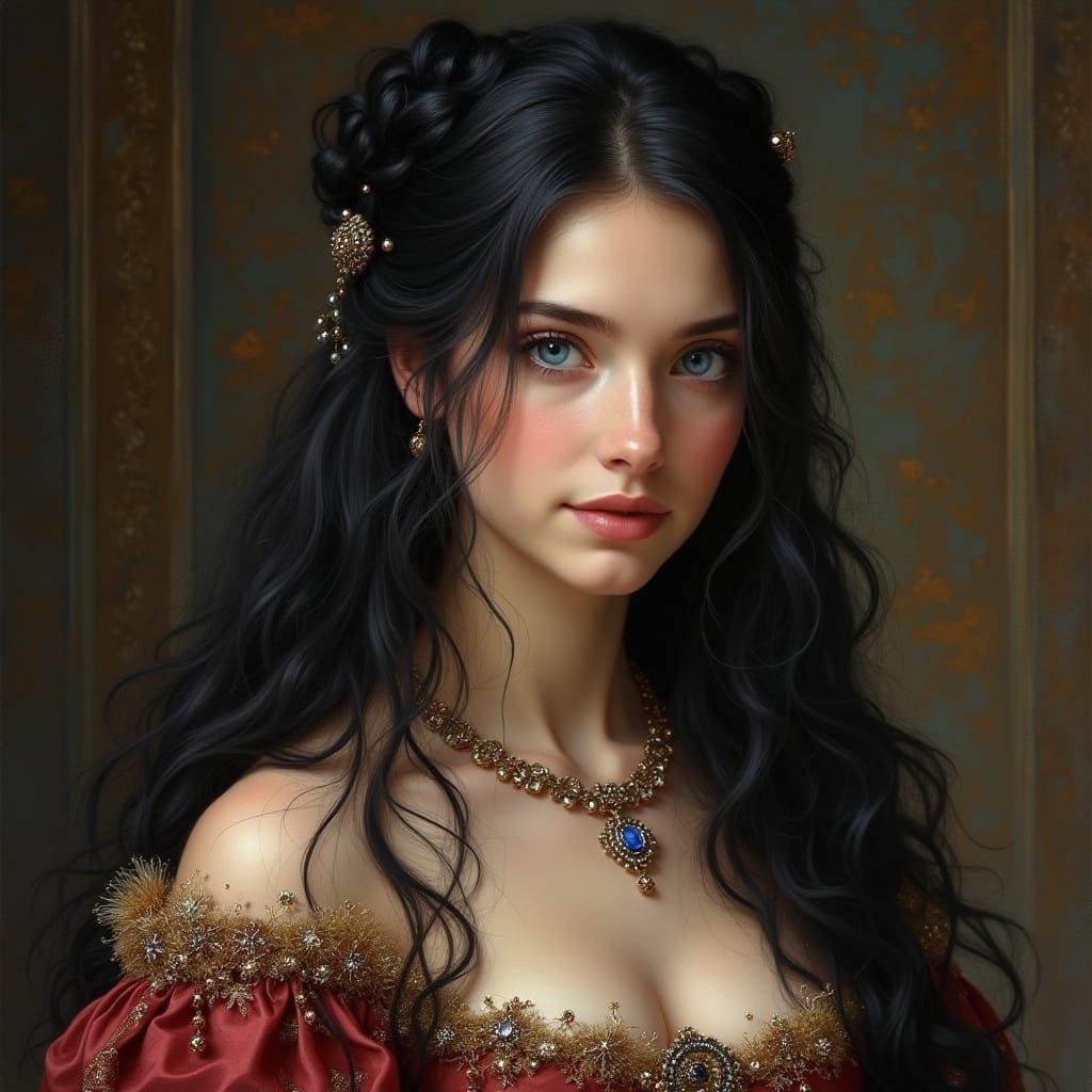 Medieval Noble Woman with Sapphire Eyes in Renaissance Gown
