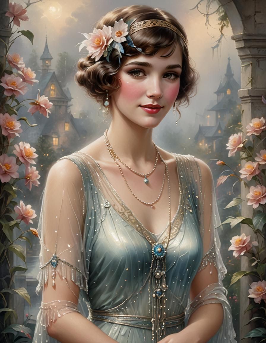 A beautiful young flapper, shy smile full of love, half body...