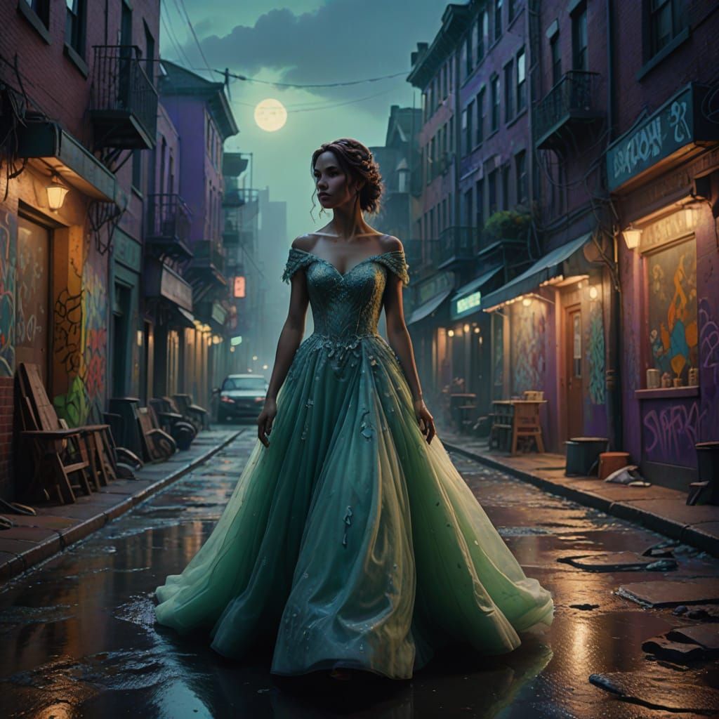 Bride in Vibrant, Moonlit Cityscape
