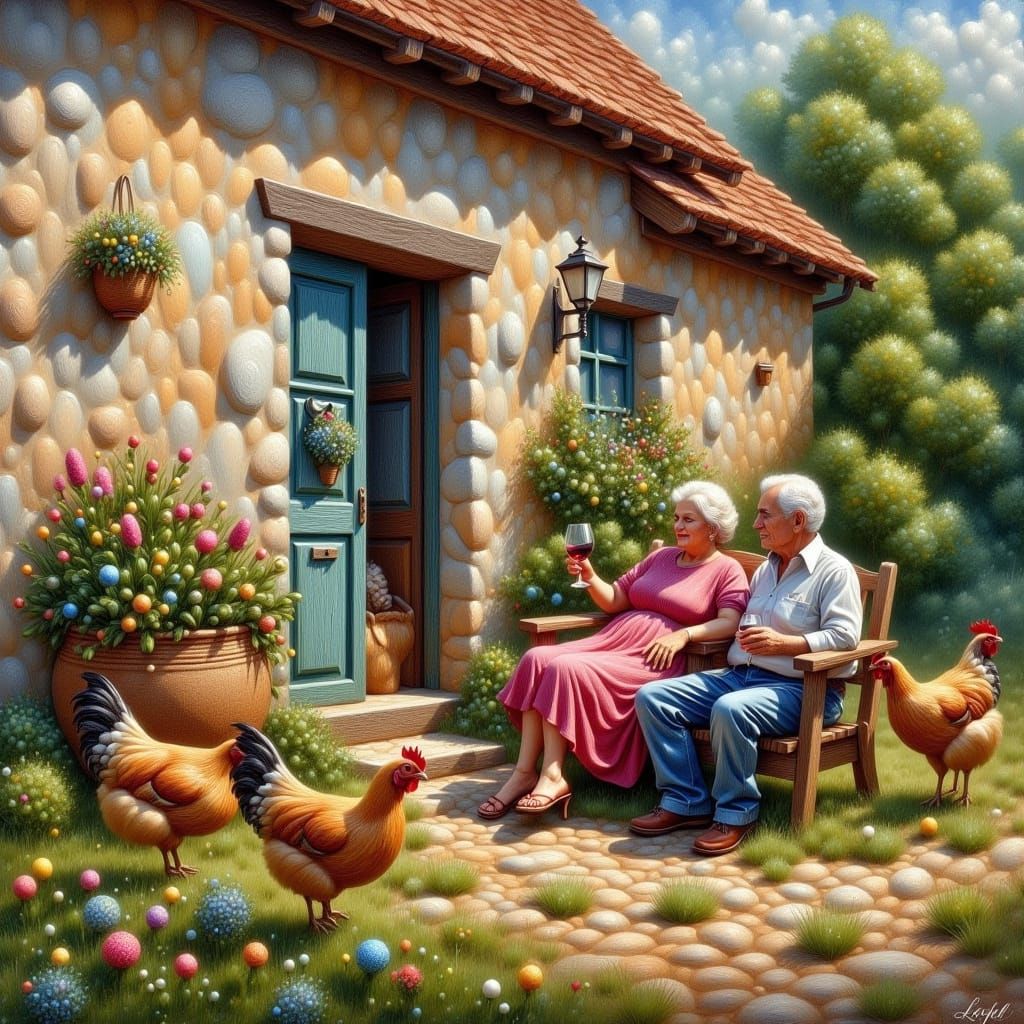 <lora:Effekte und Styles:1.0>An old French farmhouse. An elderly couple sits in front of the main building, drinking a g...