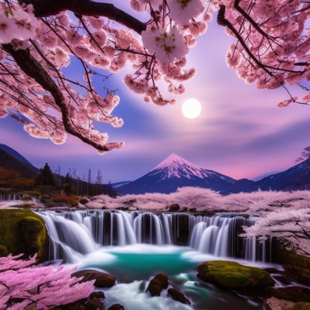 Cherry Blossom Waterfall Under Full Moon, Gouache Painting