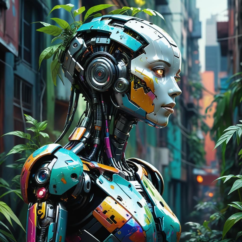 Futuristic Female Robot in Urban Jungle