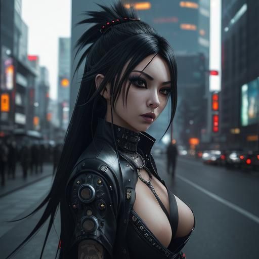 Futuristic Gyaru Samurai on Hibiya Street in Cyberpunk Style
