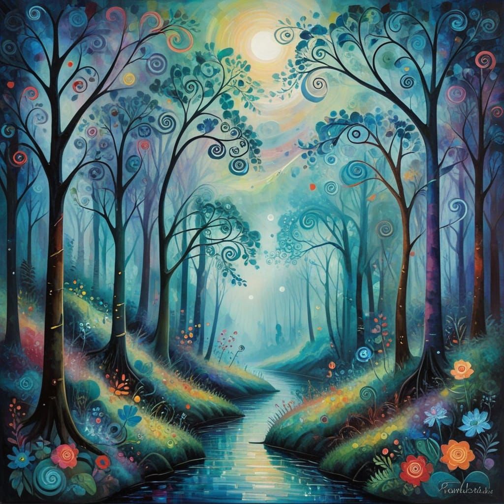 Surreal Forest in Whimsical Oil Painting Style