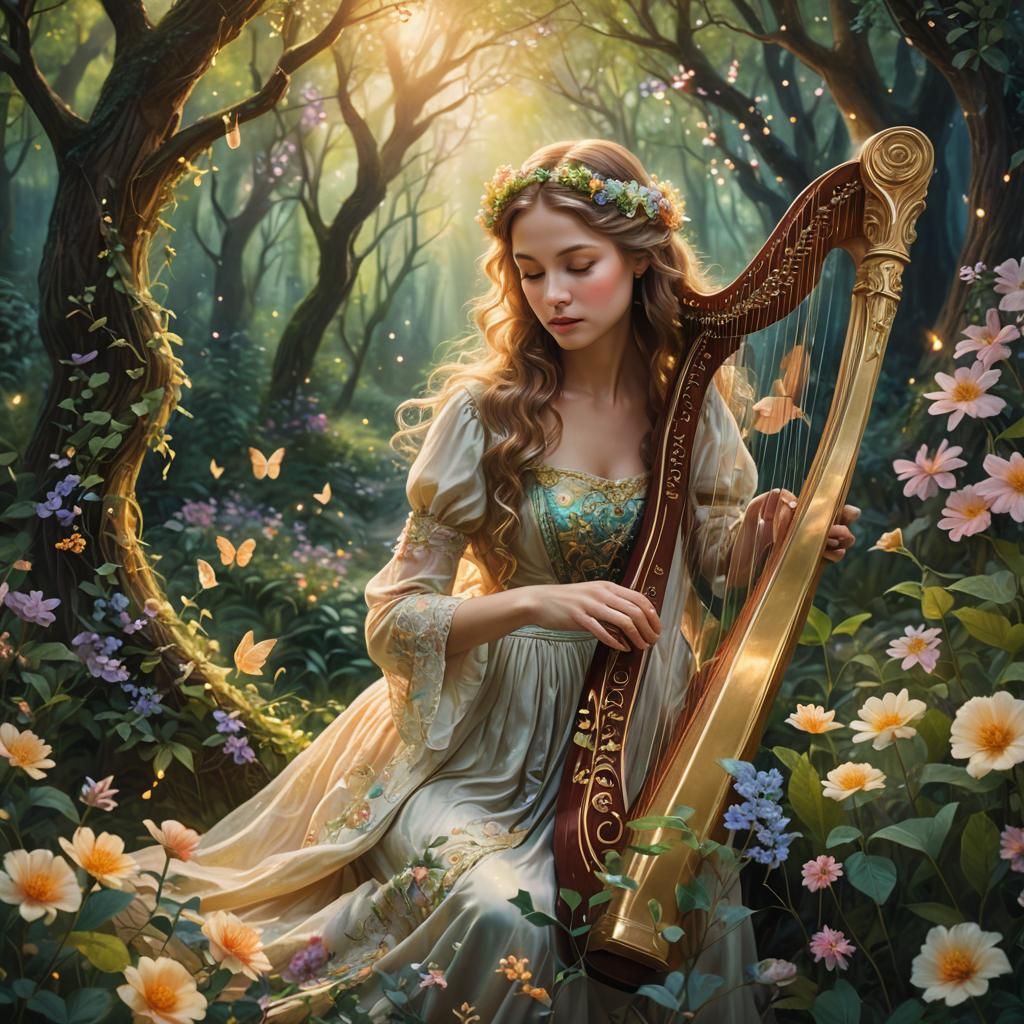 Enchanting Harpist in Magical Forest, as 3D Art