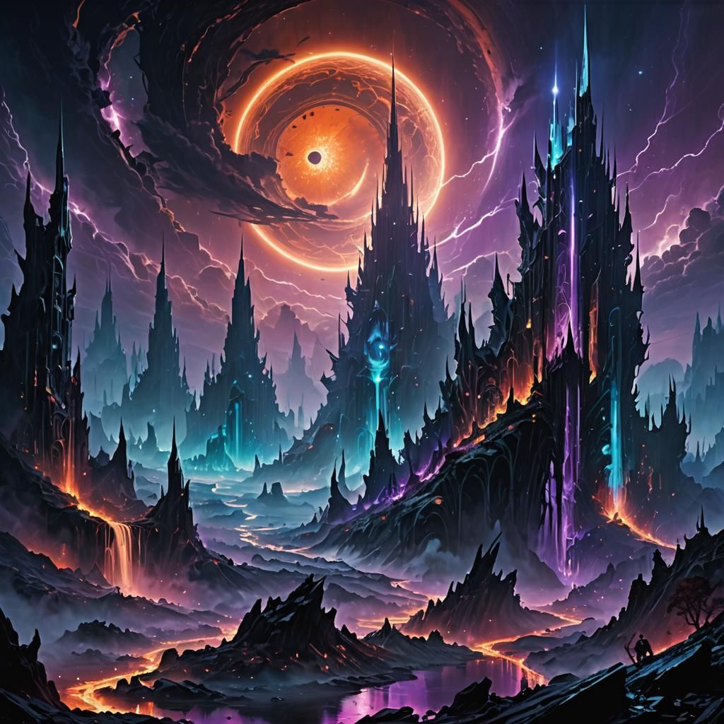 Fractured Alien World with Neon Metropolis