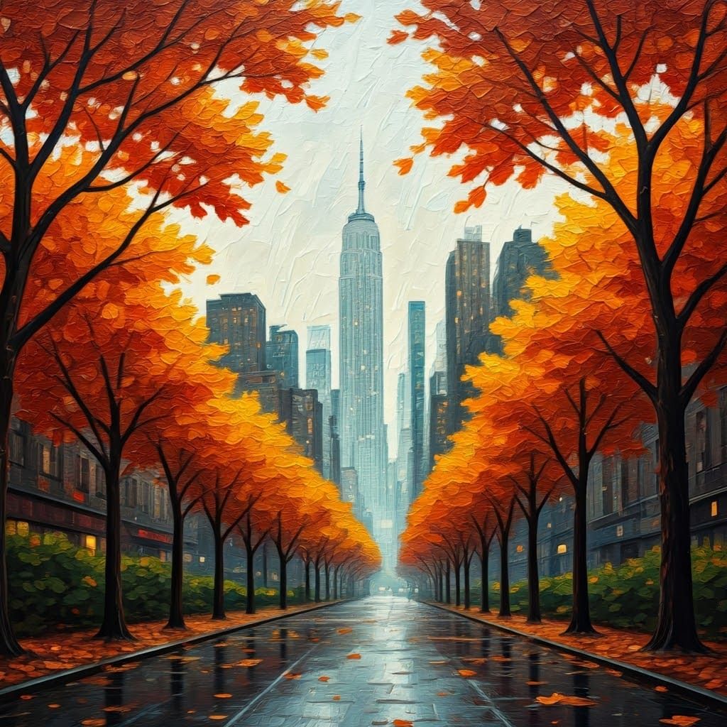 Autumn Leaf in New York City as Impasto Painting