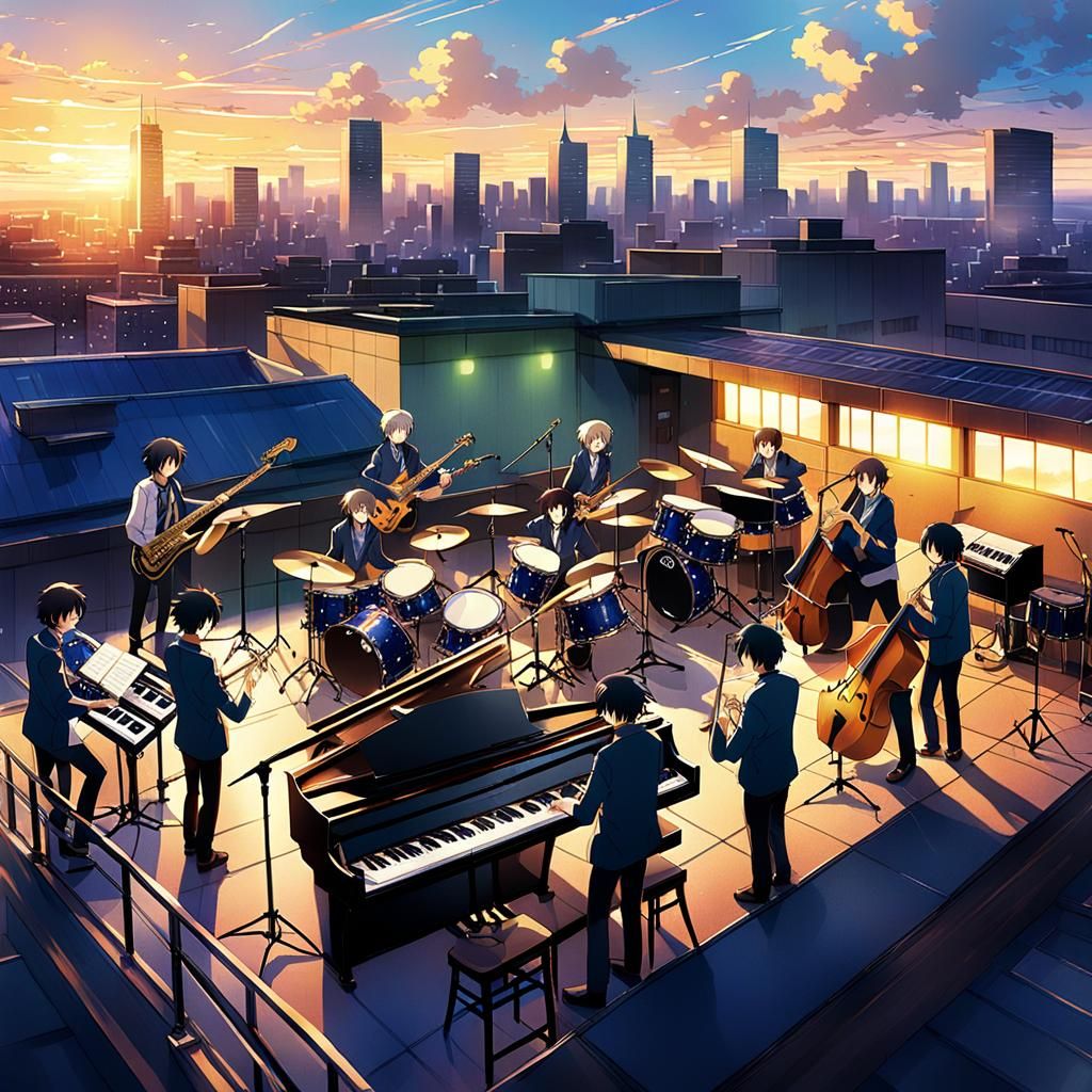 Anime High School Band Performance at Sunset