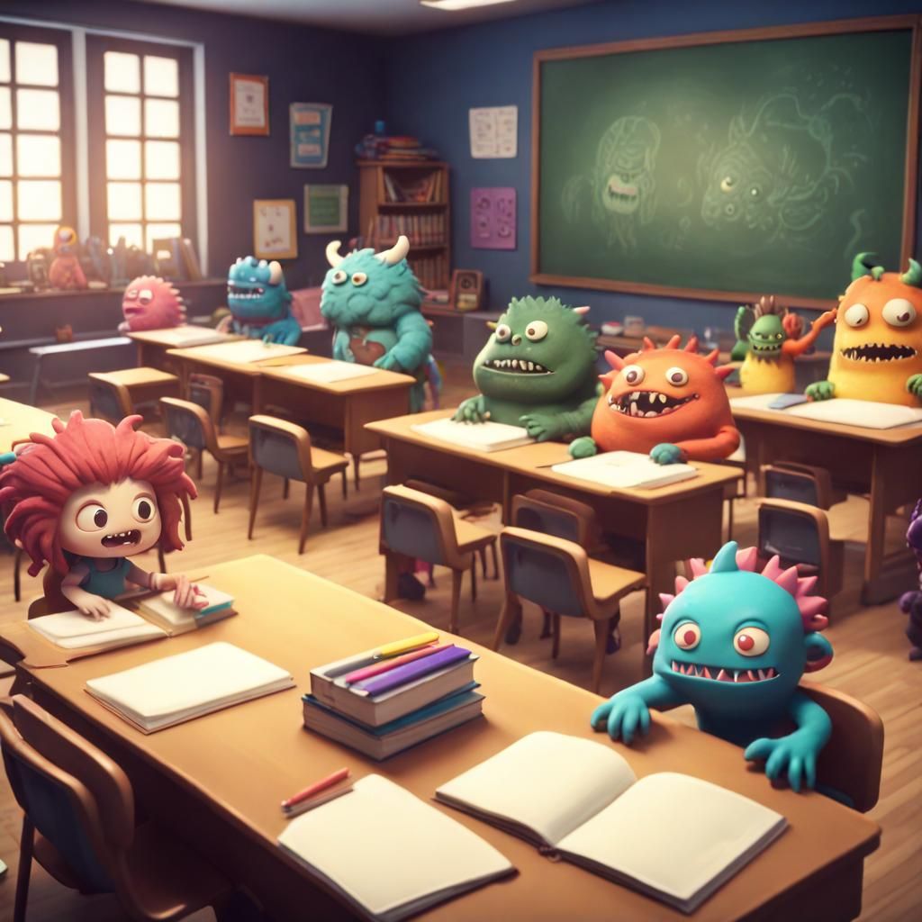 Chibi Monsters in Elementary School Classroom