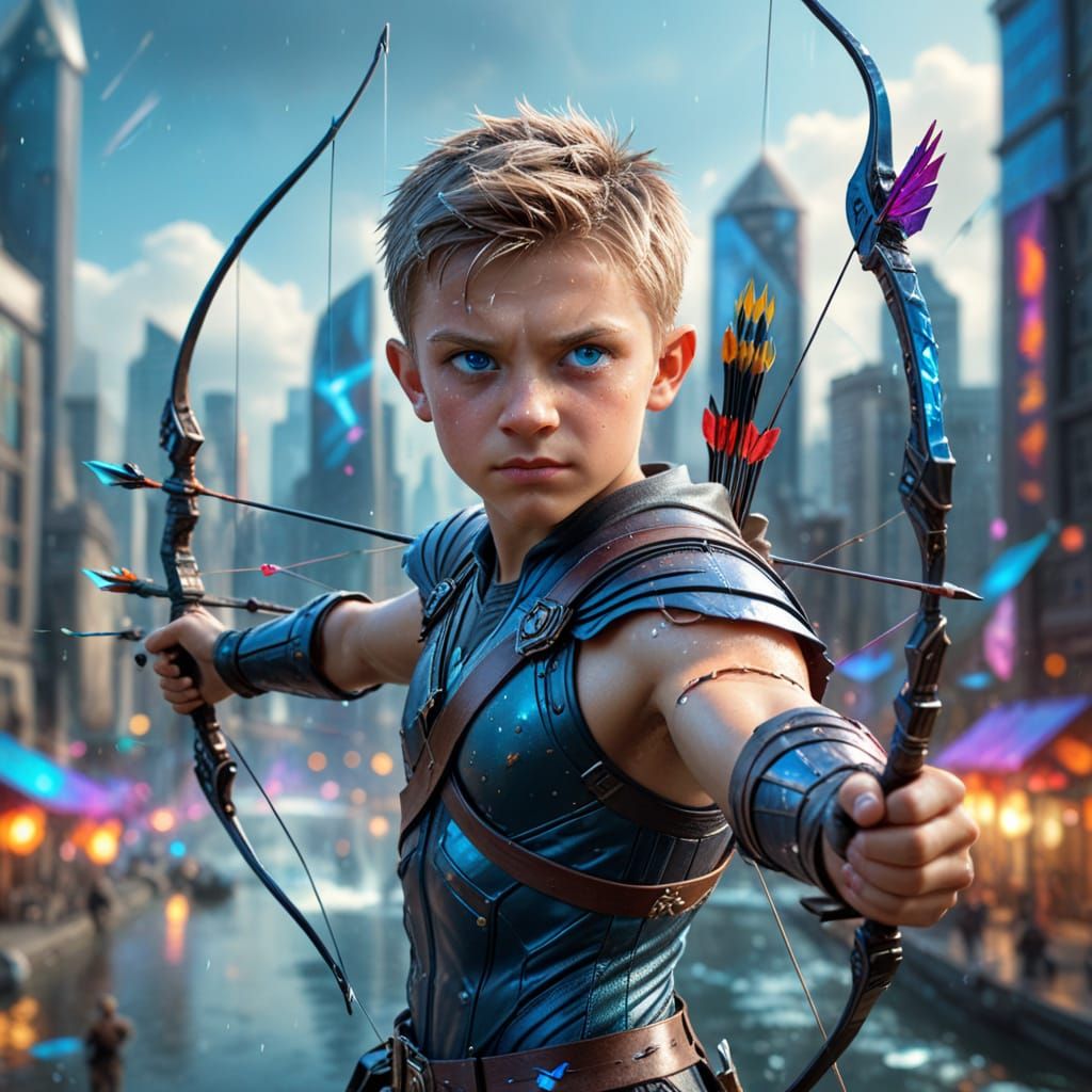 Fantastical Fairy Archer in Futuristic Cityscape