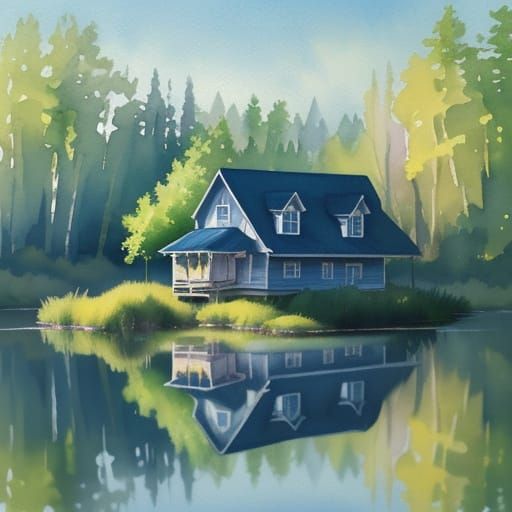 Elegant Watercolor Painting of a Tiny House by a Serene Lake