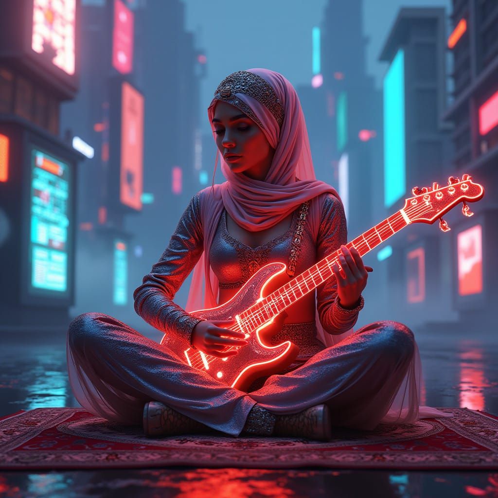 Arabian Cyberpunk Goddess Rocks Futuristic Guitar