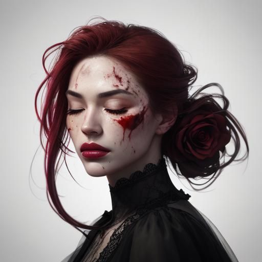 Woman's Face with Roses and Blood, Hyperrealistic Art