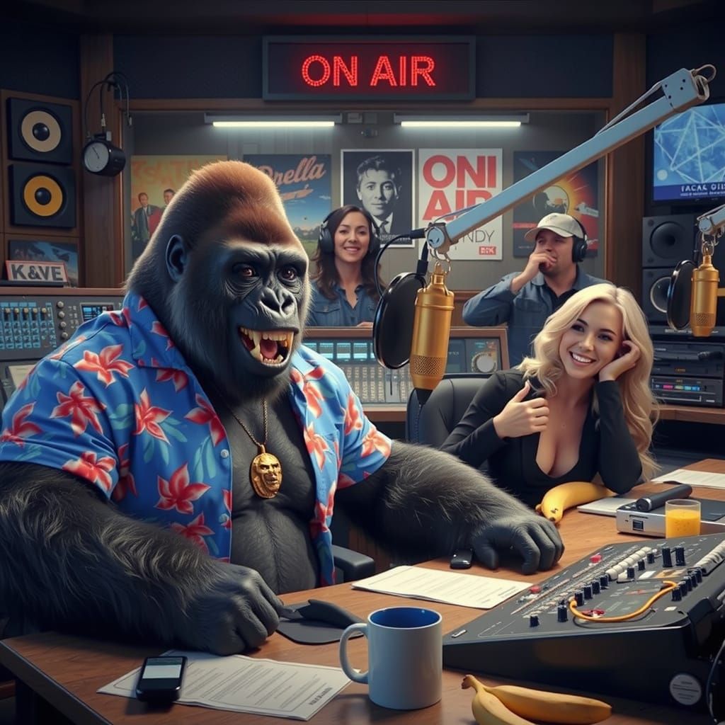 Gorilla Radio Host Laughing On Air in Hyper-Realistic Style